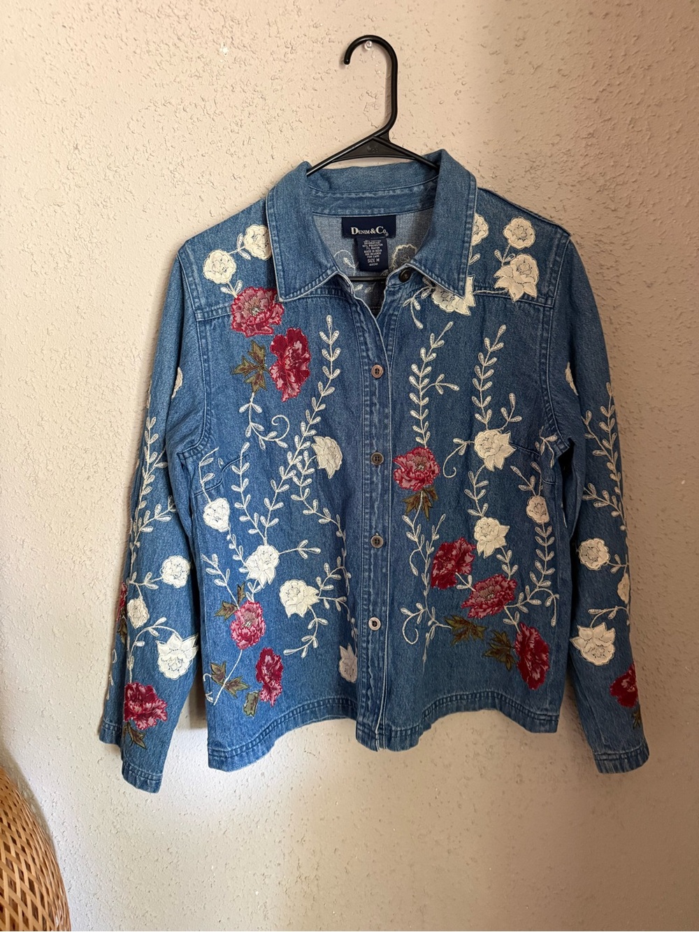 Denim & Co. Heavyweight Embroidered Floral Denim Button Up Shirt M